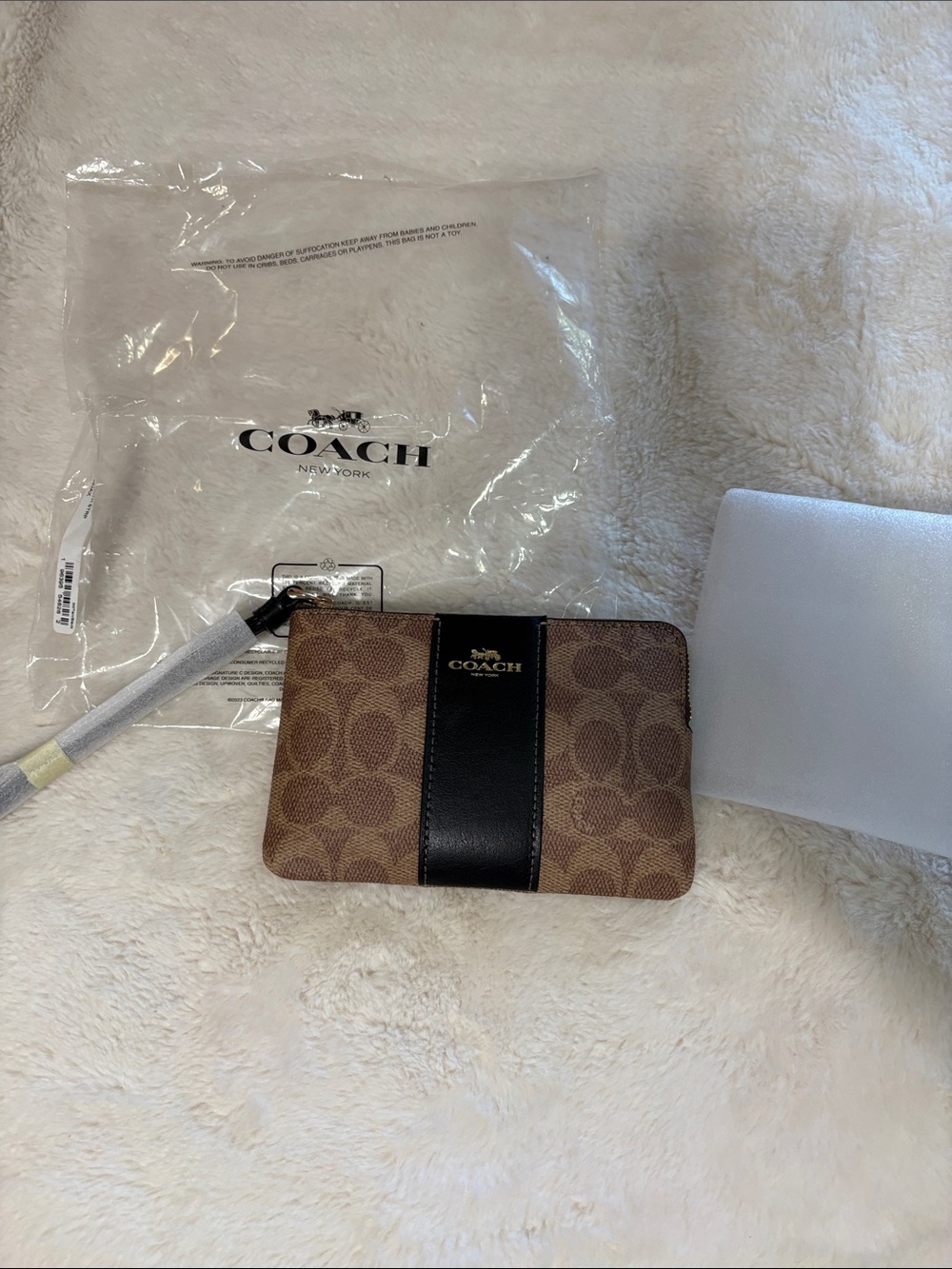 Coach Brown Signature Canvas Card Holder with Black Leather Center Stripe